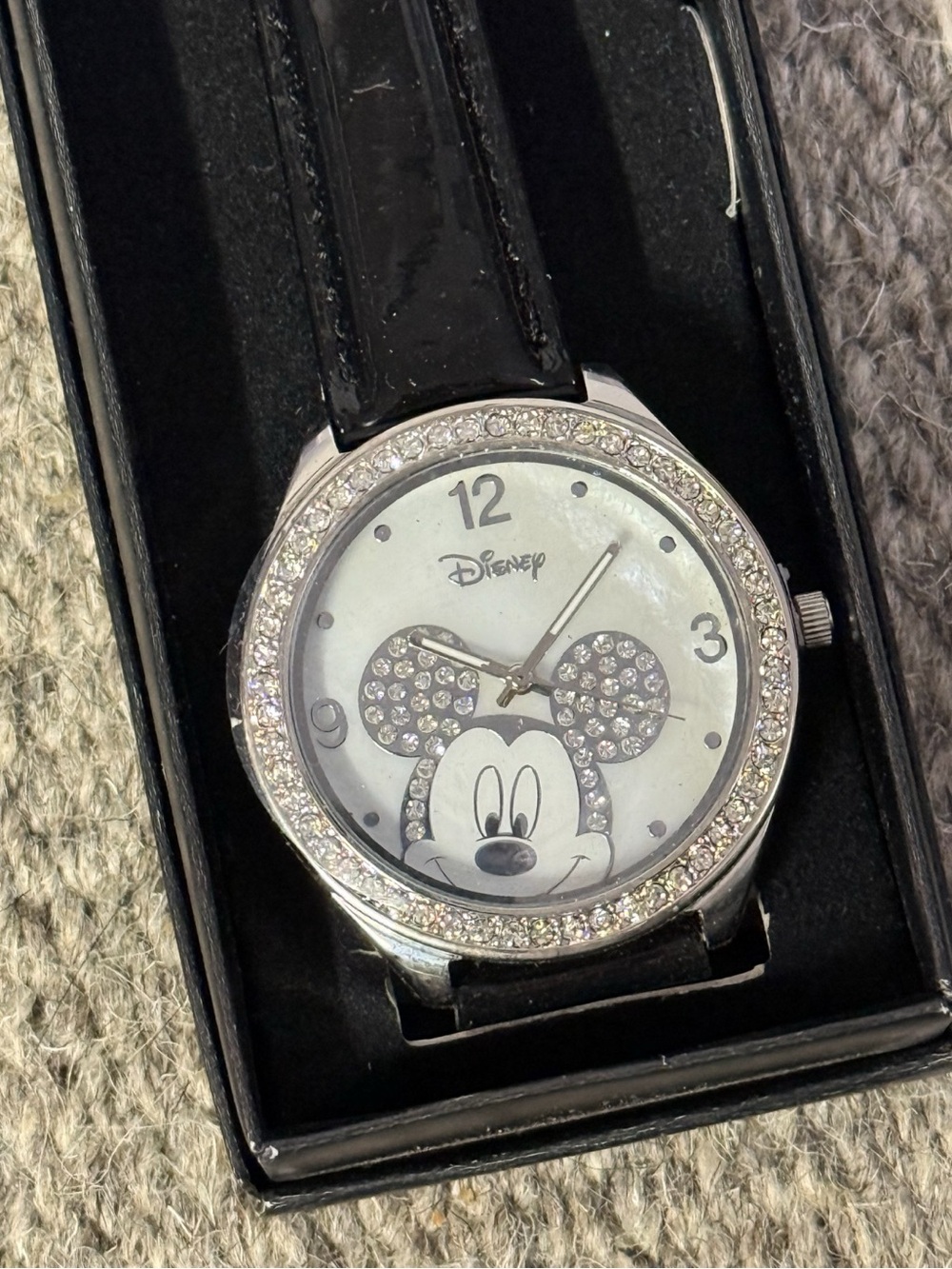 Disney Silver-Tone Mickey Crystal Accent Watch with Black Strap